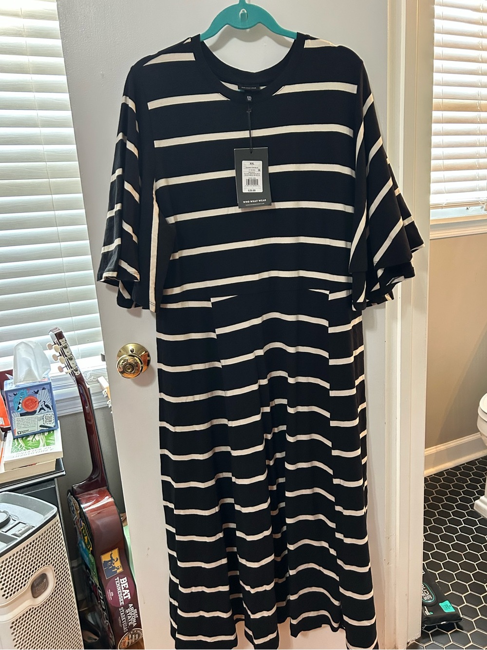 Who What Wear Black and White Striped Dress w/ Bell Sleeves NWT